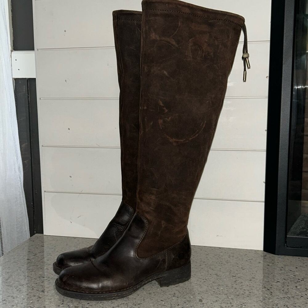 BORN Laguna Tall Leather Knee High Riding Boots w/ Drawstring Dark Brown Size 7